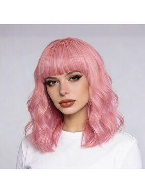 Women's Pink Soft Short Bob Style Synthetic Shoulder Length Curly Wigs